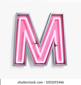 Bright Neon Font with fluorescent pink tubes. Letter M. Night Show Alphabet. 3d Rendering Isolated on White Background.
