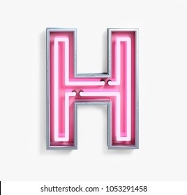 Bright Neon Font with fluorescent pink tubes. Letter H. Night Show Alphabet. 3d Rendering Isolated on White Background.