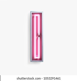 Bright Neon Font With Fluorescent Pink Tubes. Letter I. Night Show Alphabet. 3d Rendering Isolated On White Background.