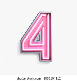 Bright Neon Font With Fluorescent Pink Tubes. Number 4. Night Show Alphabet. 3d Rendering Isolated On White Background.