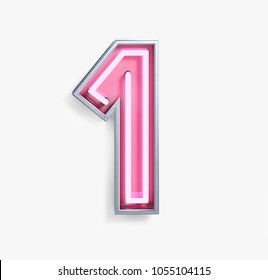 Bright Neon Font with Fluorescent Pink Tubes. Number 1. Night Show Alphabet. 3d Rendering Isolated on White background.