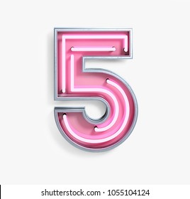 Bright Neon Font with Fluorescent Pink Tubes. Number 5. Night Show Alphabet. 3d Rendering Isolated on White background.