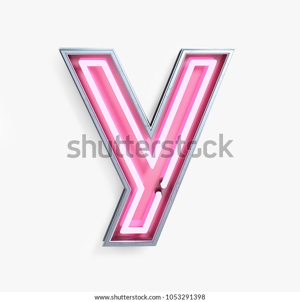 Bright Neon Font with fluorescent pink tubes.\
Letter Y. Night Show Alphabet. 3d Rendering Isolated on White\
Background.