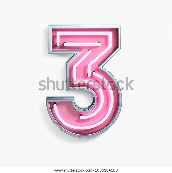 Bright Neon Font with Fluorescent Pink Tubes.\
Number 3. Night Show Alphabet. 3d Rendering Isolated on White\
background.