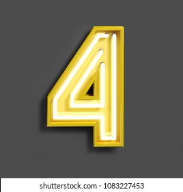 Bright Neon Font with Fluorescent Yellow Tubes. Number 4. Night Show Alphabet. 3d Rendering Isolated on Gray background.