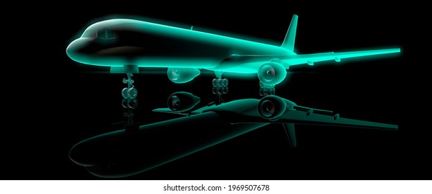 Bright Neon Green Glow On A Modern Airline Plane Demonstrating Carbon Neutral Travel Concept 3d Render