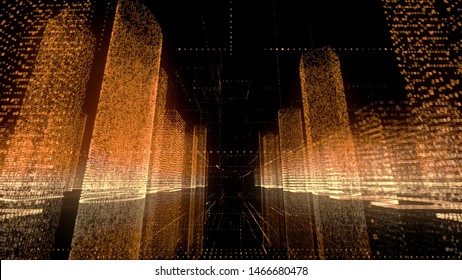 Bright neon model of abstract digital city in white, gold and orange colors and camera fast flight through main city road center. Business and digital technology concept. Black background 3d rendering