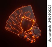 Bright, neon poker symbols including cards, trophy, and chips perfect for gaming and casino content. 3D render illustration
