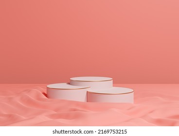 Bright, Neon, Salmon Pink 3D Rendering Minimal Product Display Three Luxury Cylinder Podiums Or Stands, On Wavy Textile Product Photography Background Abstract Composition With Golden Lines Cosmetic