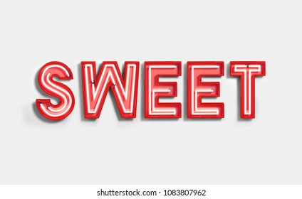 Bright Neon Sign SWEET With Fluorescent Red Tubes. 3d Rendering Isolated On White Background.