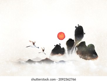 Bright New Year, Beautiful Sunrise, Oriental Painting
