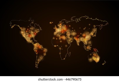 Bright Night Light In The Cities On Planet, World Map View From Space