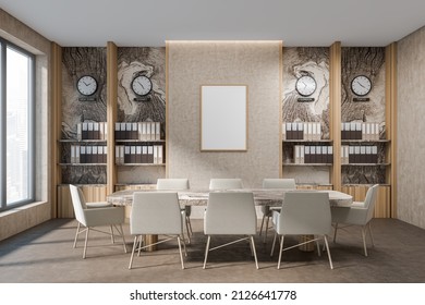 Bright Office Conference Room Interior With Meeting Board, Desk, Window, Marble Walls, Concrete Floor. Time Zone Clocks. White Framed Poster Template. Concept Of International Coworking. 3d Rendering