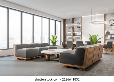 Bright Office Conference Room Interior, Meeting Board Desk, Chairs, Panoramic Window, Relax Couch Area. Marble Walls Concrete Floor. Time Zone Clocks. Concept Of International Coworking. 3d Rendering