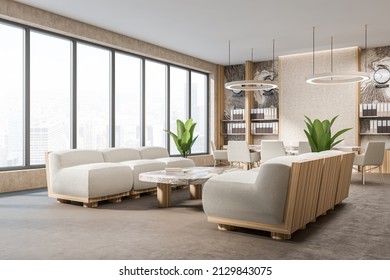 Bright Office Conference Room Interior, Meeting Board Desk, Chairs, Panoramic Window, Relax Couch Area. Marble Walls Concrete Floor. Time Zone Clocks. Concept Of International Coworking. 3d Rendering