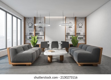 Bright Office Conference Room Interior, Meeting Board Desk, Chairs, Panoramic Window, Relax Couch Area. Marble Walls Concrete Floor. Time Zone Clocks. Concept Of International Coworking. 3d Rendering