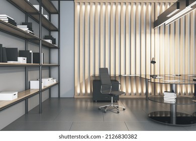 Bright Office Interior With Desk, Chair, And Bookcase. Design And Workplace Concept. 3D Rendering