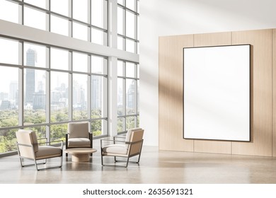 Bright office interior with large empty poster frame on wooden wall, realistic graphic style, cityscape background, concept of design or branding layout. 3D Rendering - Powered by Shutterstock - Get 15% off with code: PIKWIZARD15