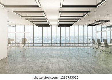 Bright Office Interior With Panoramic City View And Daylight. 3D Rendering 