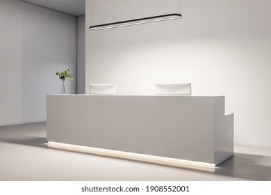 Bright Office Lobby With White Reception Desk And Two Computers. Lifestyle And Workplace Concept. 3D Rendering