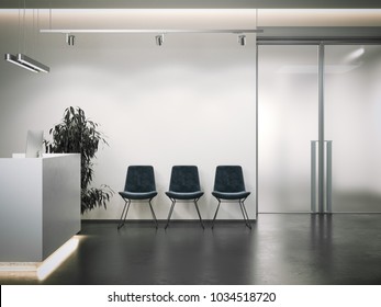 Bright Office Reception With Waiting Area And Dark Chairs. 3d Rendering