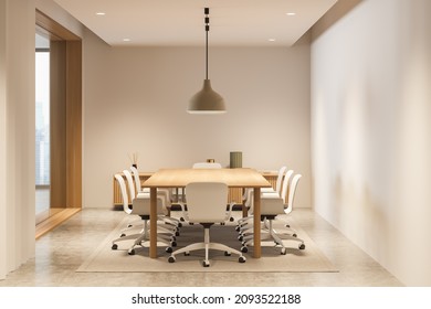 Bright office room interior with empty white wall, panoramic window, armchair, conference board, glass partition and concrete floor. Perfect place for meeting. Minimalist design. Mock up. 3d rendering
