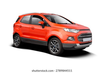 Bright orange compact crossover SUV car isolated on white background