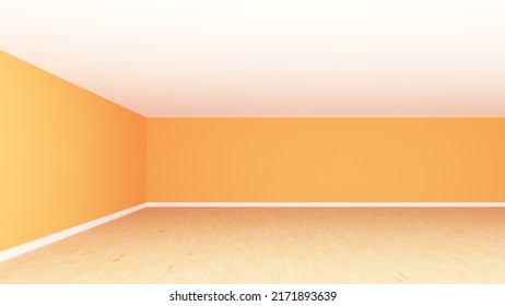 Bright Orange Unfurnished Corner of the Room, Frontal View. Interior Concept with White Ceiling, Light Wooden Parquet Flooring and a White Plinth. 3d rendering, 8K Ultra HD, 7680x4320, 300 dpi