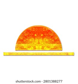 A bright orange and yellow half-circle shape with a textured surface sits above a long thin yellow rectangle both on a pure white background with subtle shadows underneath