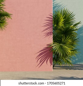 Bright Painted Pink And Turquoise  Wall With Green Tropical Leaves, Sunlight With Shadows. Summer, Spring Background. 3d Rendering.