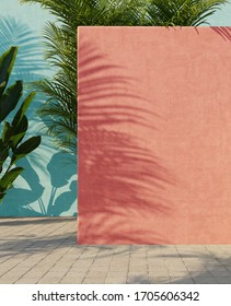 Bright painted red   turquoise wall and green tropical leaves  sunlight and shadows  Summer  spring background  3d rendering 