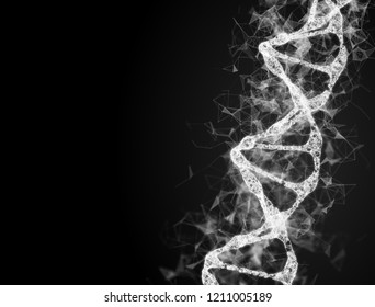 A bright particulate 3D rendered DNA on a dark bokeh background. DNA genealogy