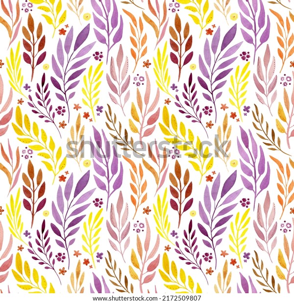 Bright pattern of colorful leaves and branches. Watercolor elements painted by hand. Yellow, purple, orange shades.