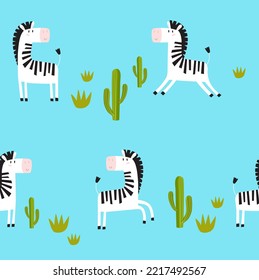 Bright Pattern With Zebras. Funny Cartoon Zebras. Zebras Are Running. Children's Illustration. Can Be Printed On Fabric. African Animals. Background With Animals