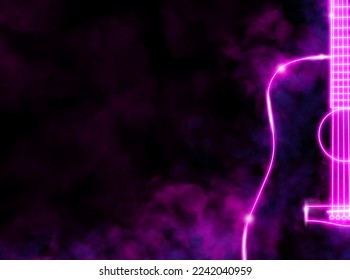 Bright pink acoustic guitar shaped neon lights with smoke in the dark, copy space on black background - Powered by Shutterstock