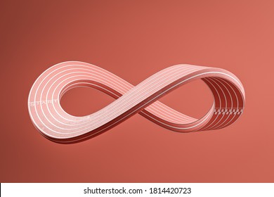 Bright pink Mobius strip over red background. Concept of infinity. Abstract image. 3d rendering