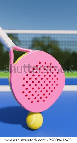 A bright pink paddle padel on a tennis ball, set against a clear blue sky and tennis court background. 3d rendering