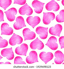 Bright pink watercolor hearts on a white background. Seamless pattern. Love, Wedding, Valentine's Day. For the design of cards, invitations, printing on fabric.