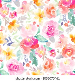 Bright Pink And Yellow Girly Watercolor Flowers Wallpaper Background Pattern With Roses. Repeats Seamlessly