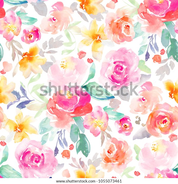 明亮的粉红色和黄色少女水彩花壁纸背景图案与玫瑰 无缝重复库存插图