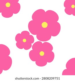 Bright and playful digital pattern featuring groups of stylized pink flowers with yellow centers arranged over a clean white background.