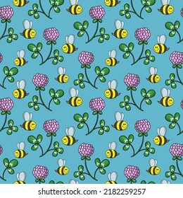 Bright print for children, a little bee collects honey and pink clover flowers, seamless square pattern in cartoon style on a blue background
