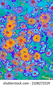 Bright Psychedelic Colored Orange Summer Flowers In Abstract Style On Mint Blue Background. Night Club Party Poster, Rave Music Festival Or Disco Dance Flyer Design. Groovy 60s Vibe Floral Pattern