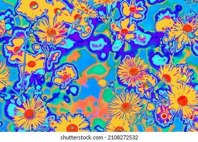 Bright Psychedelic Colored Orange Summer Flowers In Abstract Style On Mint Blue Background. Night Club Party Poster, Rave Music Festival Or Disco Dance Flyer Design. Groovy 60s Vibe Floral Pattern