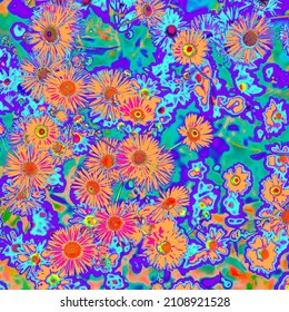 Bright Psychedelic Colored Orange Summer Flowers In Abstract Style On Mint Blue Background. Night Club Party Poster, Rave Music Festival Or Disco Dance Flyer Design. Groovy 60s Vibe Floral Pattern