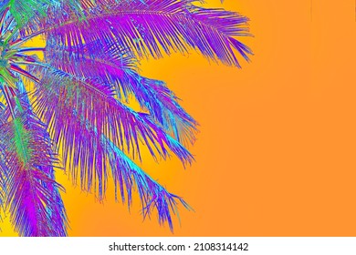 Bright Purple Holographic Neon Colored Palm Tree In Abstract Style On Orange Background. Night Club Beach Party Flyer Template With Copy Space. Retro 60s Vibe Style Creative Summer Design Concept 