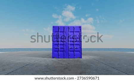 Bright purple intermodal container standing on a concrete wharf facing the sea under partially cloudy sky, representing global trade and logistics