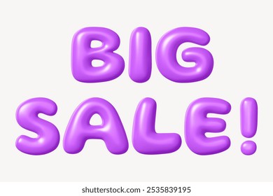 Bright purple text reading 'BIG SALE!' in bold, playful font. Big sale announcement in vibrant purple. Eye-catching big sale design with purple letters. Big sale 3D illustration. - Powered by Shutterstock