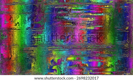 Bright rainbow glitch texture with horizontal streaks and digital noise — bold, energetic background for modern designs.
