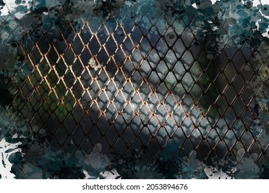 A Bright Ray Of Sunlight On A Rusty Rabiza Grid. Metal Fence Close-up. Digital Watercolor Painting.